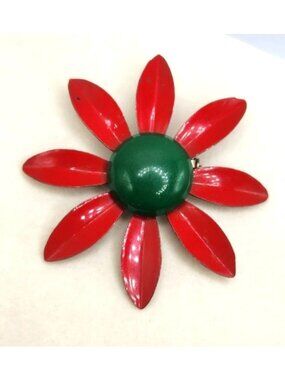 Vintage Red & Green Metal Flower Brooch Pin Retro Floral Jewelry
